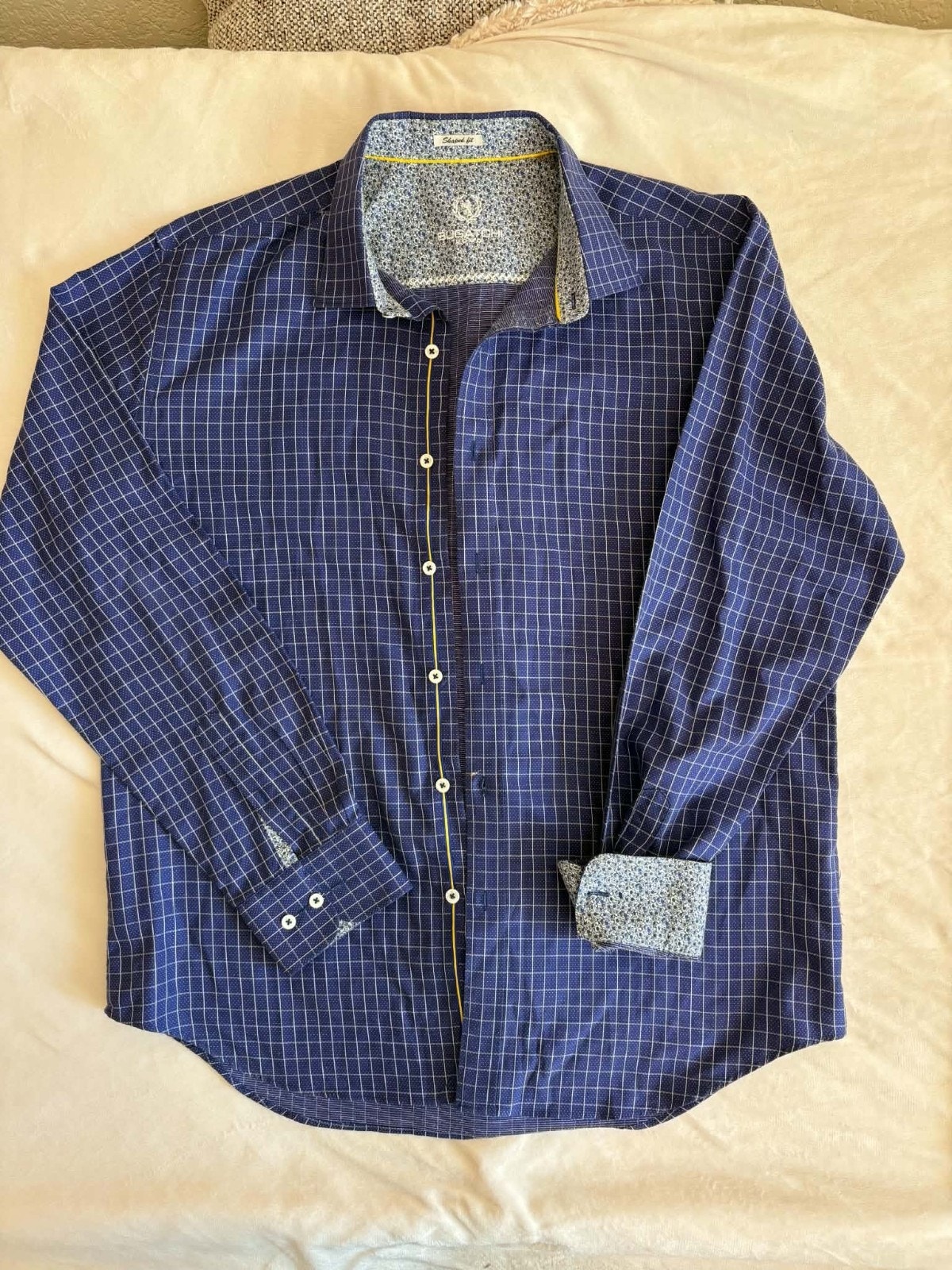 Bugatchi Shaped Fit Xl Blue/White Check Dress Shirt 34/35 Contrast Trim